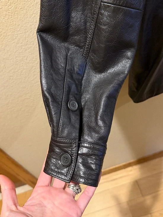 Classic Black Leather Button-Front Jacket - Picture 3 of 7